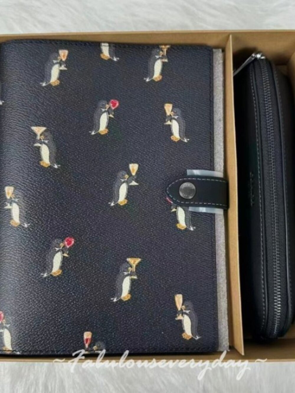 Coach Boxed Notebook And Pencil Case Set In Black Penguin Print NWT